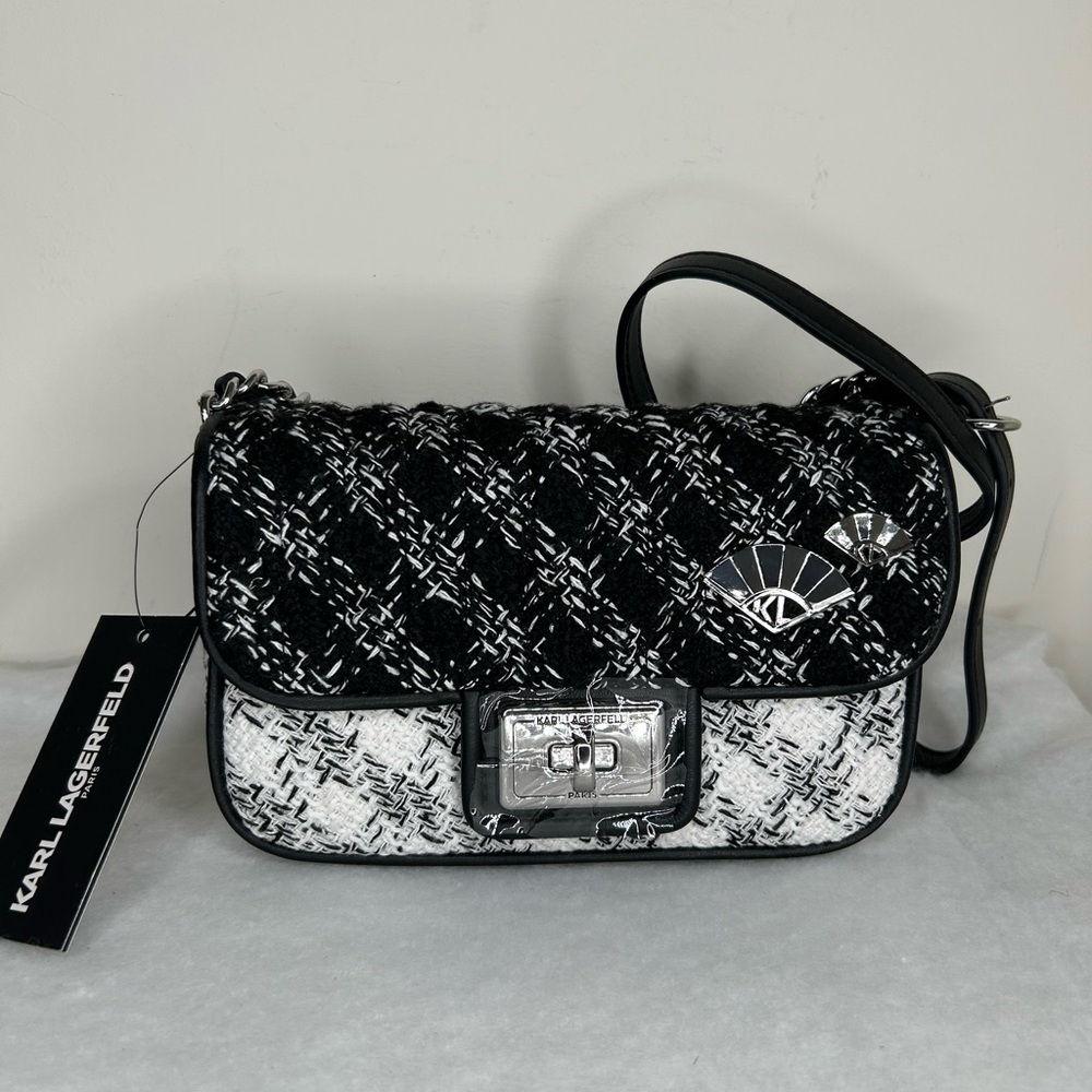Karl Lagerfeld Paris Agyness Black White Shoulder Bag NWT